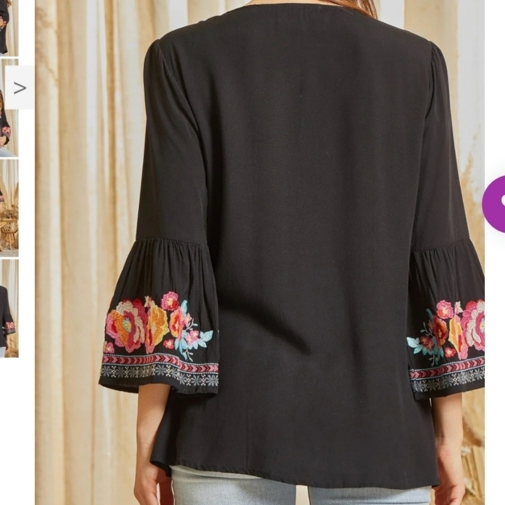 Andree By Unit Boho Black Flowy Embroidered Tunic Blouse Womens Size Large - Picture 2 of 8
